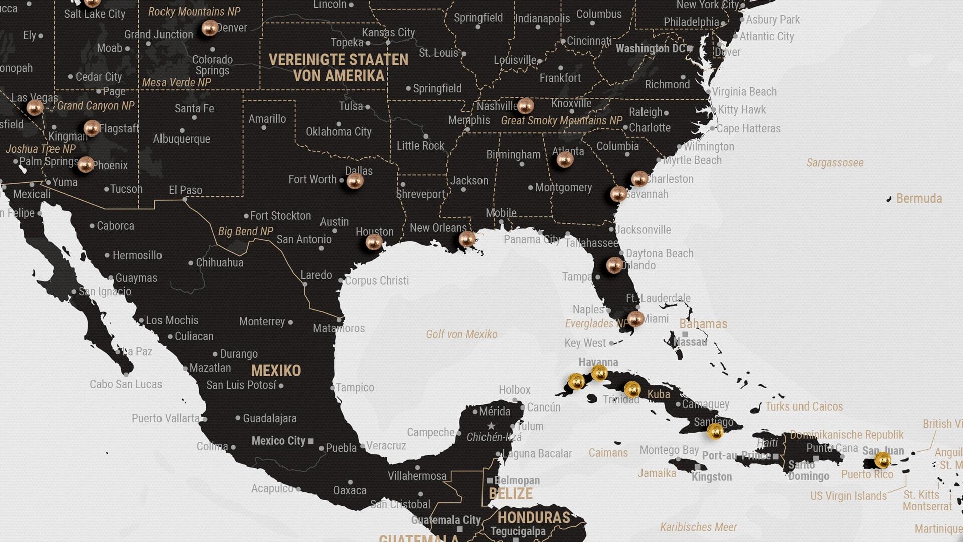 Weltkarte zum Pinnen von Reisen und Markieren von besuchten Orten mit gold-farbenen Stecknadeln